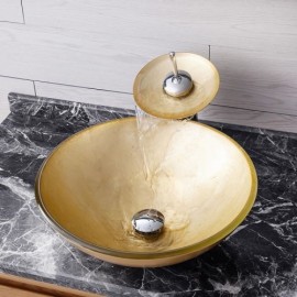 Modern Gold-Colored Round Basin In Tempered Glass With Waterfall Faucet For Bathroom