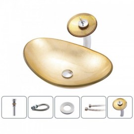 Modern Gold Tempered Glass Countertop Basin With Waterfall Faucet For Bathroom