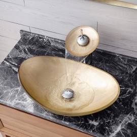 Modern Gold Tempered Glass Countertop Basin With Waterfall Faucet For Bathroom