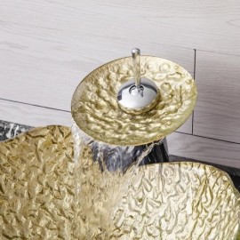 Countertop Washbasin In Tempered Glass With Waterfall Faucet For Bathroom