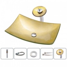 Gold Square Countertop Washbasin In Tempered Glass With Waterfall Faucet For Bathroom