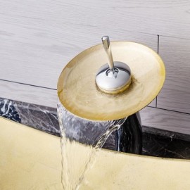 Gold Square Countertop Washbasin In Tempered Glass With Waterfall Faucet For Bathroom