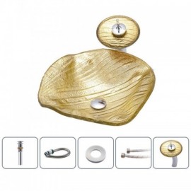 Gold Wave-Shaped Washbasin In Tempered Glass With Waterfall Faucet For Bathroom