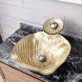Gold Wave-Shaped Washbasin In Tempered Glass With Waterfall Faucet For Bathroom