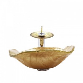 Gold Wave-Shaped Washbasin In Tempered Glass With Waterfall Faucet For Bathroom
