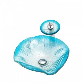 Wave-Shaped Countertop Washbasin In Tempered Glass With Waterfall Faucet For Bathroom