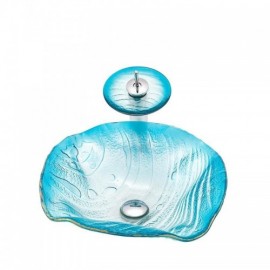 Wave-Shaped Countertop Washbasin In Tempered Glass With Waterfall Faucet For Bathroom