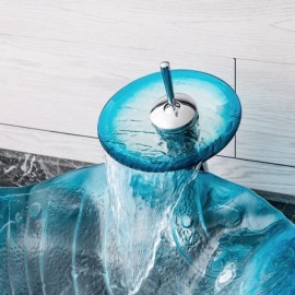 Wave-Shaped Countertop Washbasin In Tempered Glass With Waterfall Faucet For Bathroom