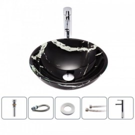 Modern Black Tempered Glass Countertop Sink With Waterfall Faucet For Bathroom