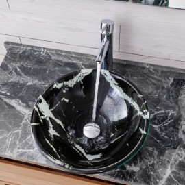Modern Black Tempered Glass Countertop Sink With Waterfall Faucet For Bathroom