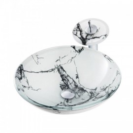 Round Glass Basin With Waterfall Faucet Imitation Marble Pattern For Bathroom