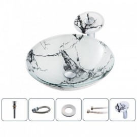 Round Glass Basin With Waterfall Faucet Imitation Marble Pattern For Bathroom