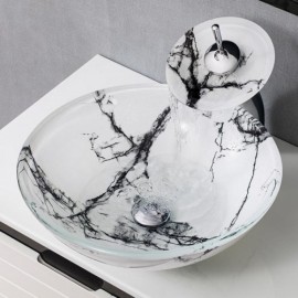Round Glass Basin With Waterfall Faucet Imitation Marble Pattern For Bathroom