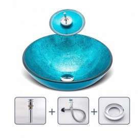 Modern Blue Tempered Glass Washbasin Round With Waterfall Faucet For Bathroom