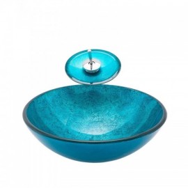 Modern Blue Tempered Glass Washbasin Round With Waterfall Faucet For Bathroom