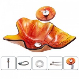 Tempered Glass Sink In Maple Leaf Shape With Waterfall Faucet For Bathroom