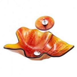 Tempered Glass Sink In Maple Leaf Shape With Waterfall Faucet For Bathroom