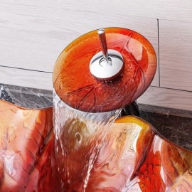 Tempered Glass Sink In Maple Leaf Shape With Waterfall Faucet For Bathroom