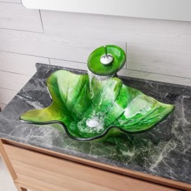 Tempered Glass Sink In Maple Leaf Shape With Waterfall Faucet For Bathroom