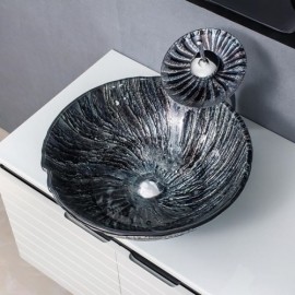 Round Black Tempered Glass Sink With Waterfall Faucet For Bathroom
