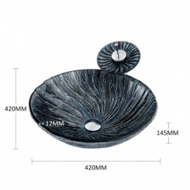 Round Black Tempered Glass Sink With Waterfall Faucet For Bathroom