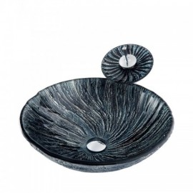Round Black Tempered Glass Sink With Waterfall Faucet For Bathroom