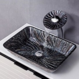 Rectangular Black Tempered Glass Sink With Waterfall Faucet For Bathroom