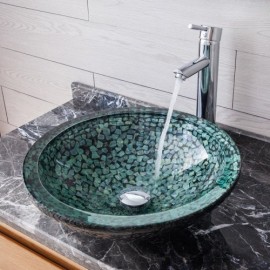 Emerald Countertop Basin In Tempered Glass With Waterfall Faucet For Bathroom