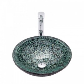 Emerald Countertop Basin In Tempered Glass With Waterfall Faucet For Bathroom