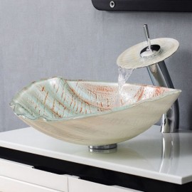 Shell-Shaped Countertop Basin In Tempered Glass With Waterfall Faucet For Bathroom