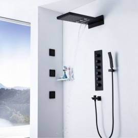 Black Thermostatic Recessed Shower Faucet With 3 Water Jets For Bathroom