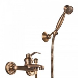 Retro Brass Shower Faucet 2 Holes 2 Handles Wall Mounted
