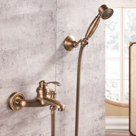 Retro Brass Shower Faucet 2 Holes 2 Handles Wall Mounted
