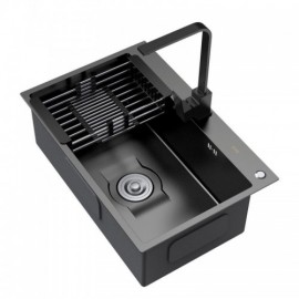 Black Stainless Steel Sink With Draining Board Soap Dispenser And Drain Basket