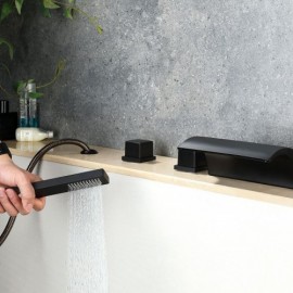 Pure Black Bathtub Faucet With Hand Shower And 3 Handles