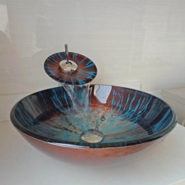 Round Countertop Sink Blue Brown Tempered Glass With Faucet For Bathroom