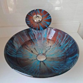 Round Countertop Sink Blue Brown Tempered Glass With Faucet For Bathroom