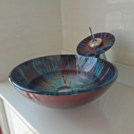 Round Countertop Sink Blue Brown Tempered Glass With Faucet For Bathroom