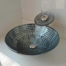 Round Silver Tile Tempered Glass Sink With Faucet For Bathroom