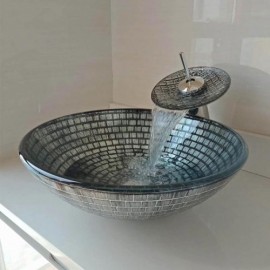 Round Silver Tile Tempered Glass Sink With Faucet For Bathroom