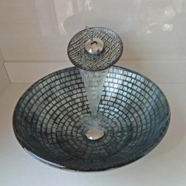 Round Silver Tile Tempered Glass Sink With Faucet For Bathroom