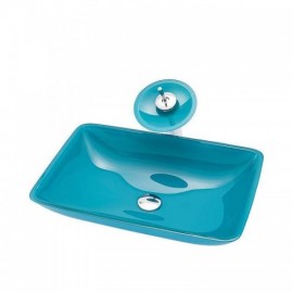 Blue Square Tempered Glass Countertop Washbasin With Faucet For Bathroom