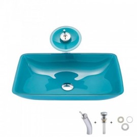 Blue Square Tempered Glass Countertop Washbasin With Faucet For Bathroom