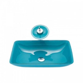 Blue Square Tempered Glass Countertop Washbasin With Faucet For Bathroom
