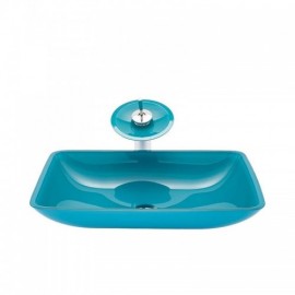 Blue Square Tempered Glass Countertop Washbasin With Faucet For Bathroom