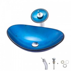 Countertop Washbasin Tempered Glass L 54Cm Blue With Faucet For Bathroom Toilets