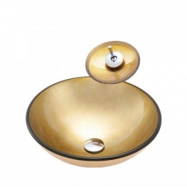 Countertop Washbasin Round Tempered Glass Gold With Faucet For Bathroom