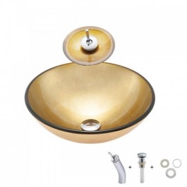 Countertop Washbasin Round Tempered Glass Gold With Faucet For Bathroom