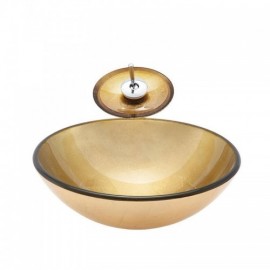 Countertop Washbasin Round Tempered Glass Gold With Faucet For Bathroom