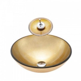Countertop Washbasin Round Tempered Glass Gold With Faucet For Bathroom